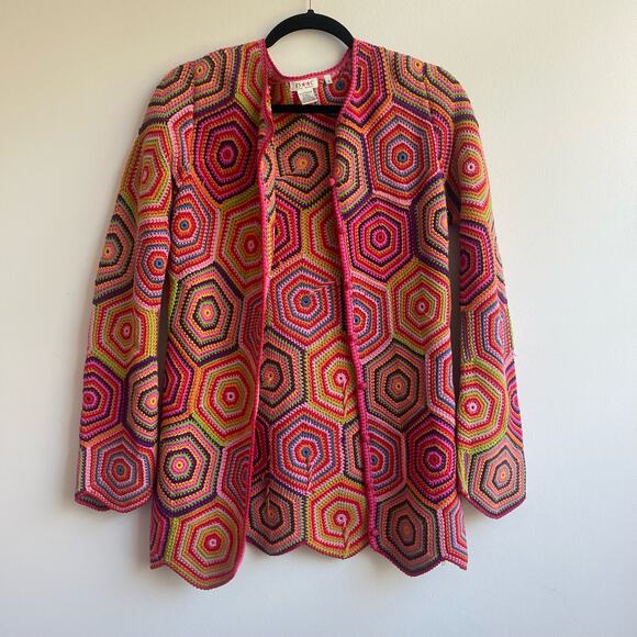 Vintage Isaac Mizrahi Squares Crochet 100% Cotton Sweater/Cardigan - Small - - Picture 1 of 6